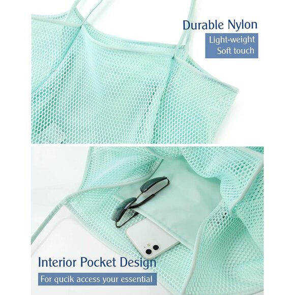 Women's Ice Blue Mesh Beach Nylon & Polyester No-closure Tote Shoulder Handbag - Picture 3 of 7